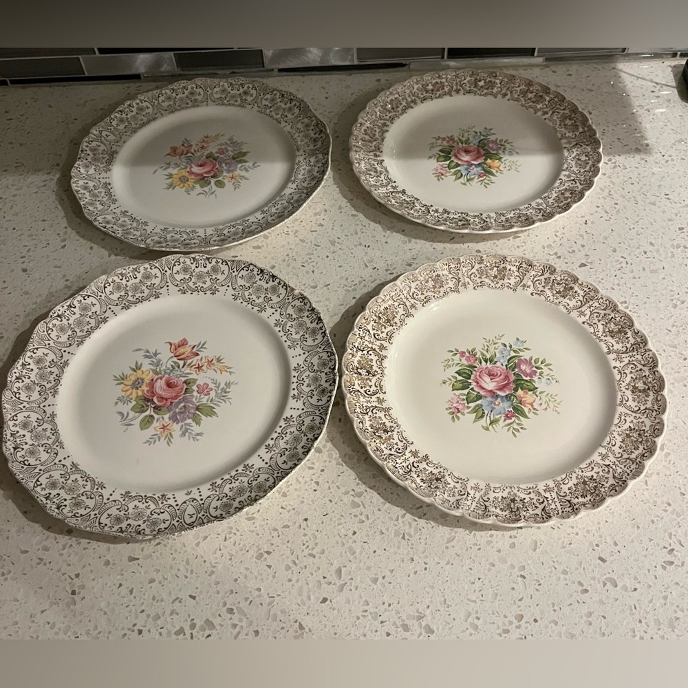 Vintage Floral Dinner Plates in Cream with Pink Rose Centers (Set of 4) 10 inch
